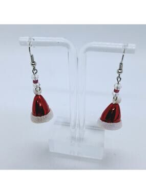 Santa Hat Christmas Earrings Red White Fishhook Ear Wires